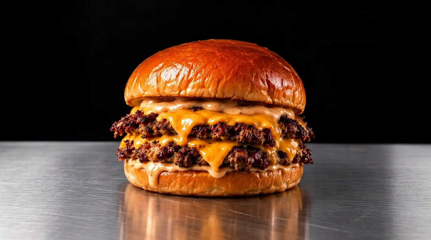 Smash burger double cheddar sur comptoir inox